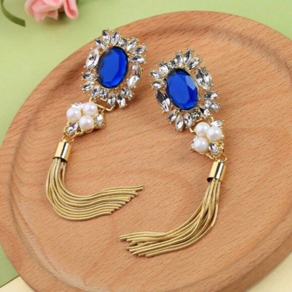 Blue Rhinestone Crystal Pearl Tassel Fringe Gold Clip On Statement Earrings - Picture 11 of 13